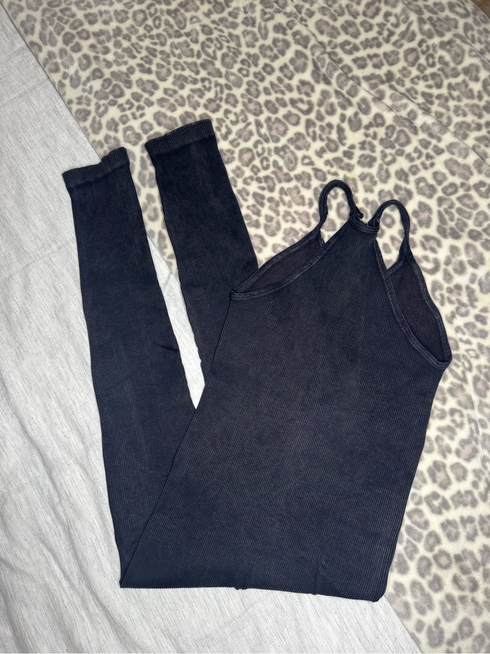 Free People Black Ribbed Jumpsuit Racerback / EXTRA SMALL